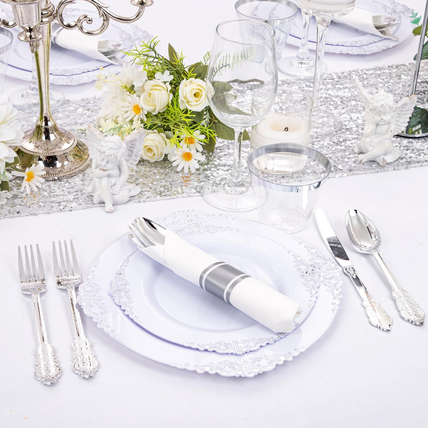 Silver Disposable Dinnerware Set for 50 Guests