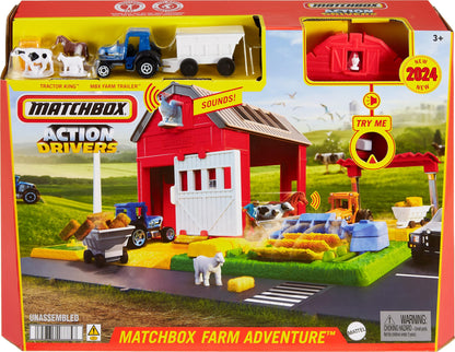 Matchbox Toy Car & Playset, Action Drivers Farm Adventure, 1:64 Scale Tractor, Trailer, 2 Hay Bales & Detachable Goat, Horse & Cow Figures, Sounds