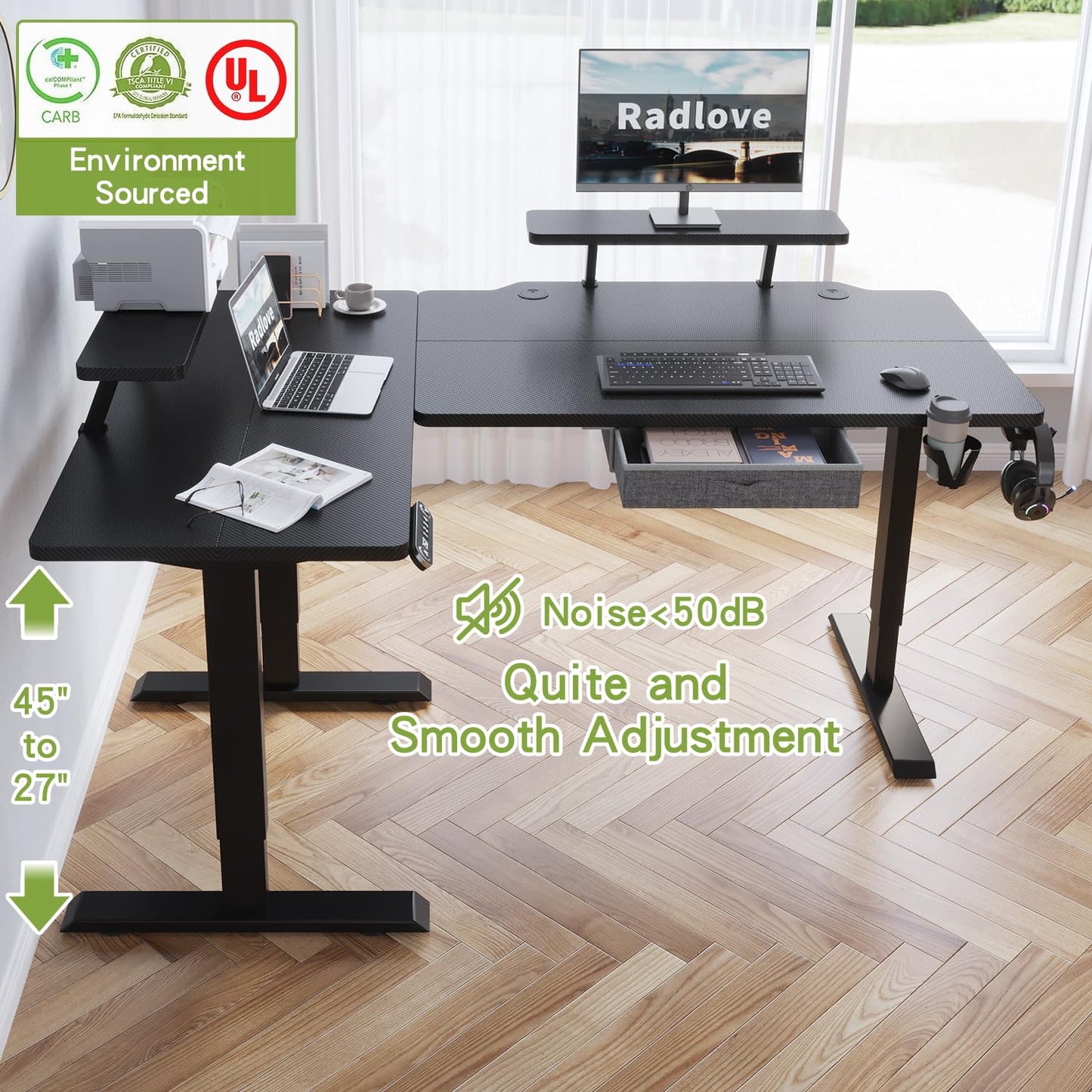 Radlove 63-Inch Large Electric Height Adjustable Computer L-Shaped Desk with Memory Controller Corner Standing Desk Modern Workstation with Splice Board Ergonomic Desk (Black Frame + Black Top)