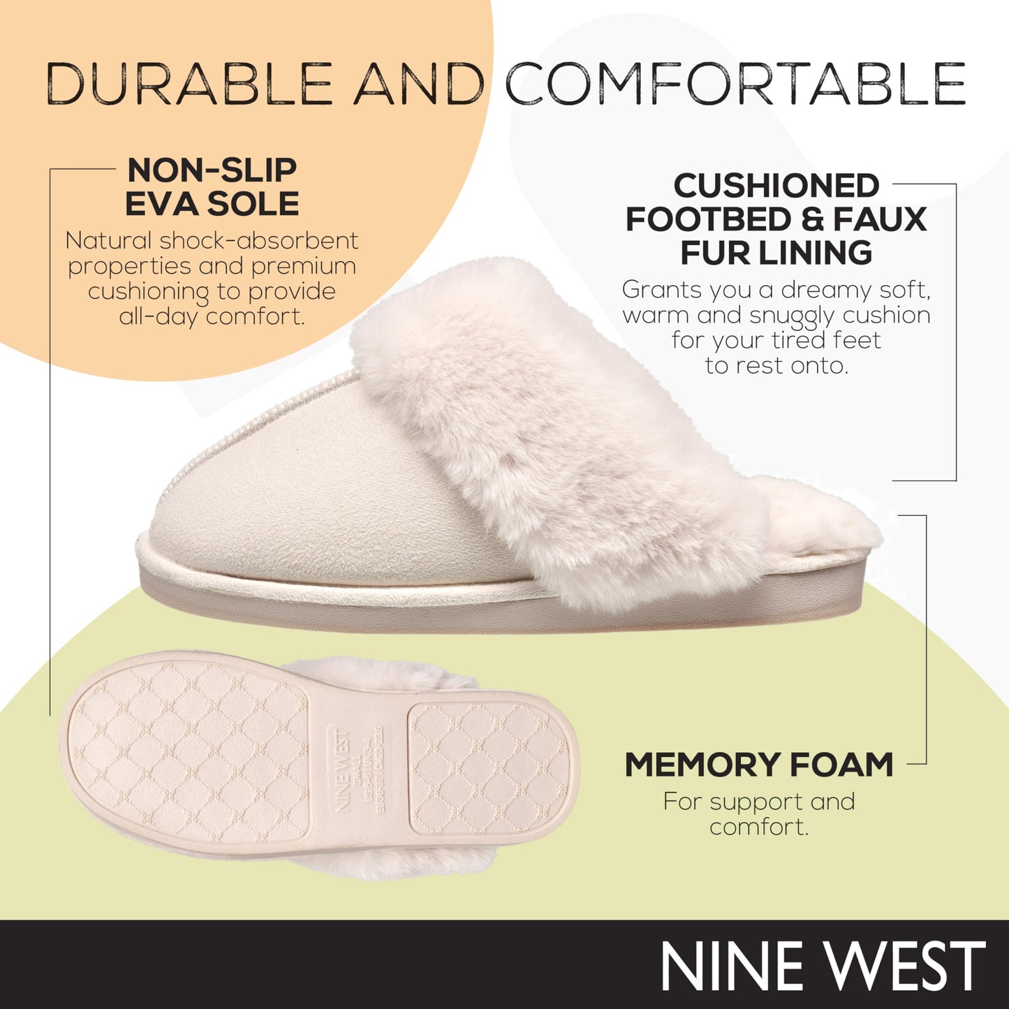 Nine West Scuff Slippers For Women, Extra Soft & Comfortable Winter House Shoes, Ivory, Large 9-10