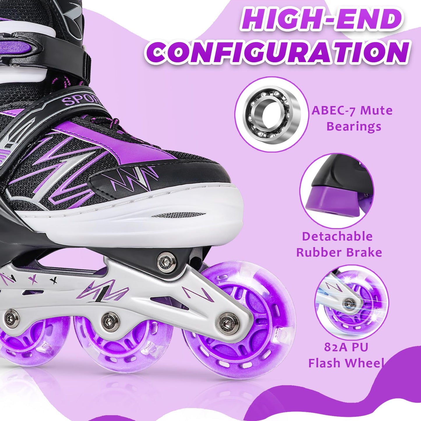 LEJIJIT Adjustable Inline Skates for Kids Girls Boys Children Beginners, Black & Purple Inline Roller Skates with Light Up Wheels for Kids and Youth for Indoors Outdoors Sports (Medium)