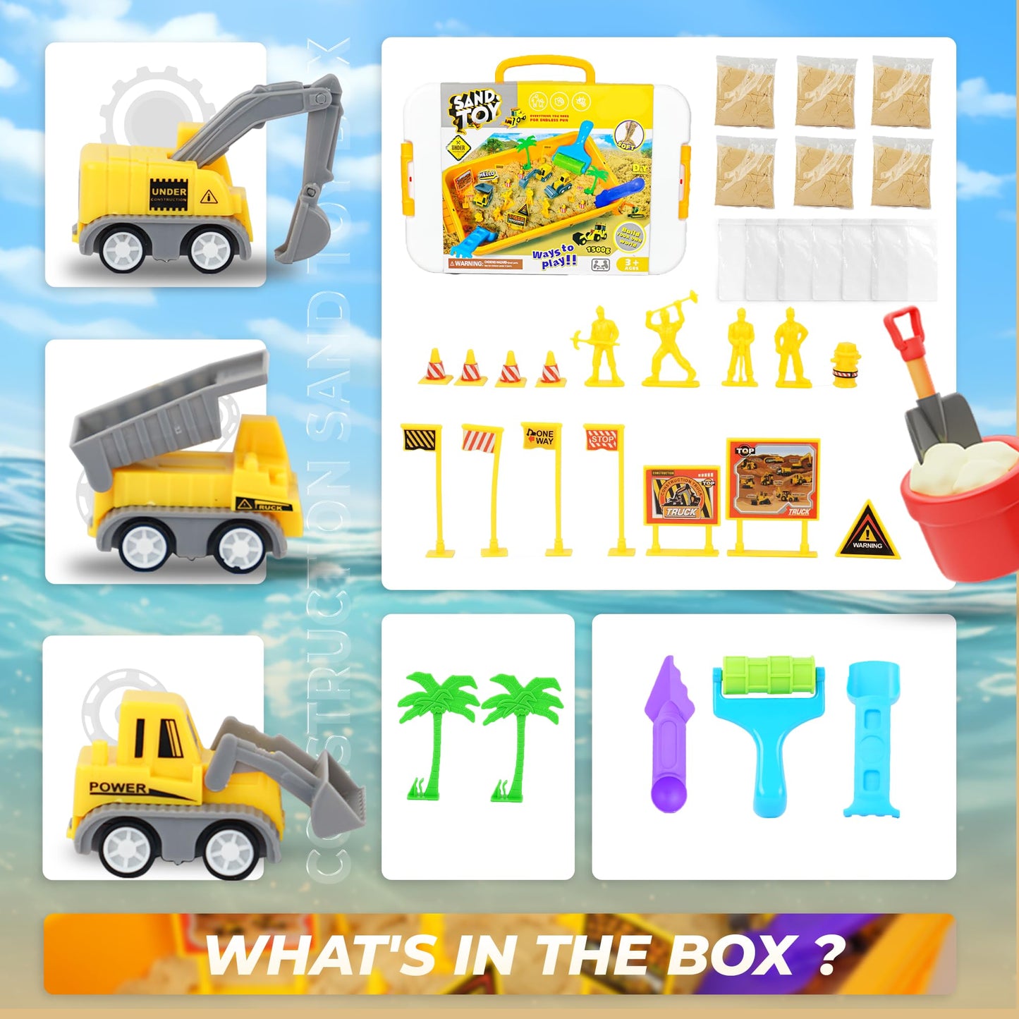 SMILESSKIDDO Construction Sand Play Set - Sensory Bin with 3.3lbs Magic Sand, 3 Construction Vehicles, 4 Worker Figures and 12 Road Signs, Sand Box Toys for Kids