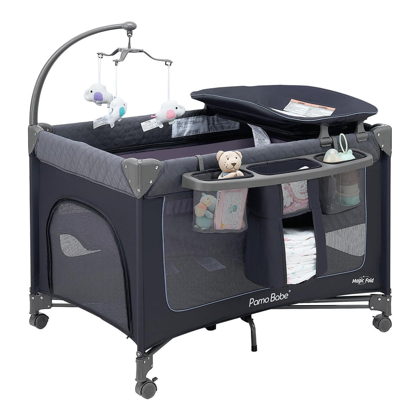 Pamo Babe Magic Fold Baby Playard with Removable Bassinet, 1 Step to Set Portable Crib with Changing Table and Zipper Gate, Easy to Carry