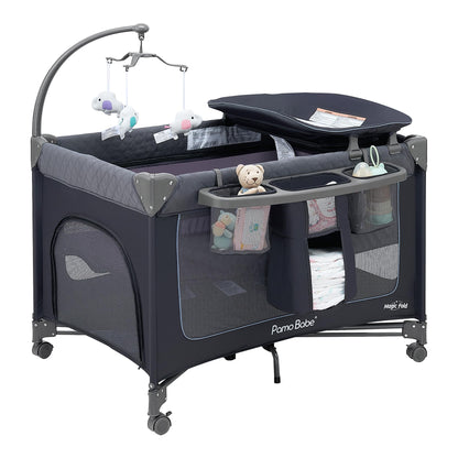 Pamo Babe Magic Fold Baby Playard with Removable Bassinet, 1 Step to Set Portable Crib with Changing Table and Zipper Gate, Easy to Carry