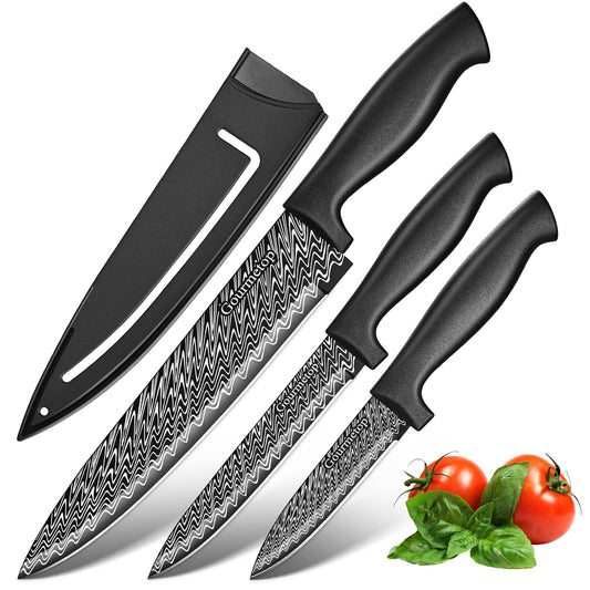 Gourmetop 3 Pcs Kitchen Knife Set with Cover, Black Knives Set for Kitchen Stainless Steel, Damascus Pattern Chef Knife set with Sheath, Sharp Cutting Knives for Cooking