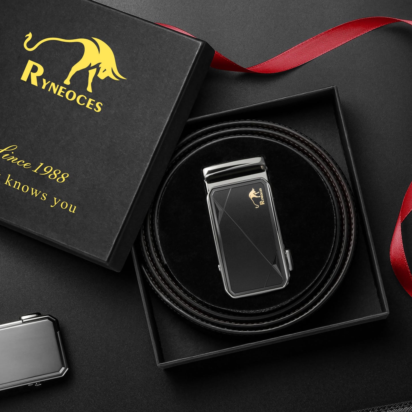 RYNEOCES Ratchet Belt for Men, 1 3/8" Genuine Leather Belt with Sliding Adjustable Buckle, Men's pants shirt belt, Elegant Gift Box (Black2444-1, 28-34 Waist Adjustable)