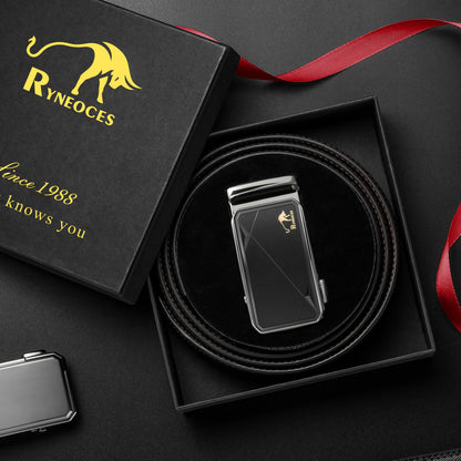 RYNEOCES Ratchet Belt for Men, 1 3/8" Genuine Leather Belt with Sliding Adjustable Buckle, Men's pants shirt belt, Elegant Gift Box (Black2444-1, 32-38 Waist Adjustable)