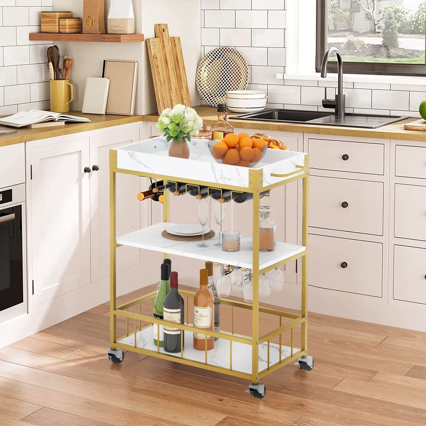 aboxoo Bar Cart White Marble 3 Tiers Removable Storage Tray with Wine Rack & Wine Glasses Holder,Rolling Beverage Mobile Bar Serving Cart with Handle Wood and Gold Steels Home Kitchen Shelf for Party