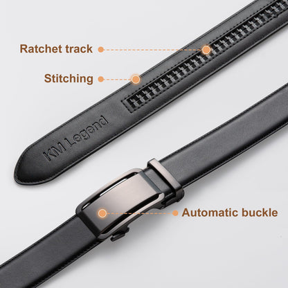 KM Legend Men’s Leather Automatic Buckle Ratchet Dress Belt for Men Customizable Fit, Black, 32/34