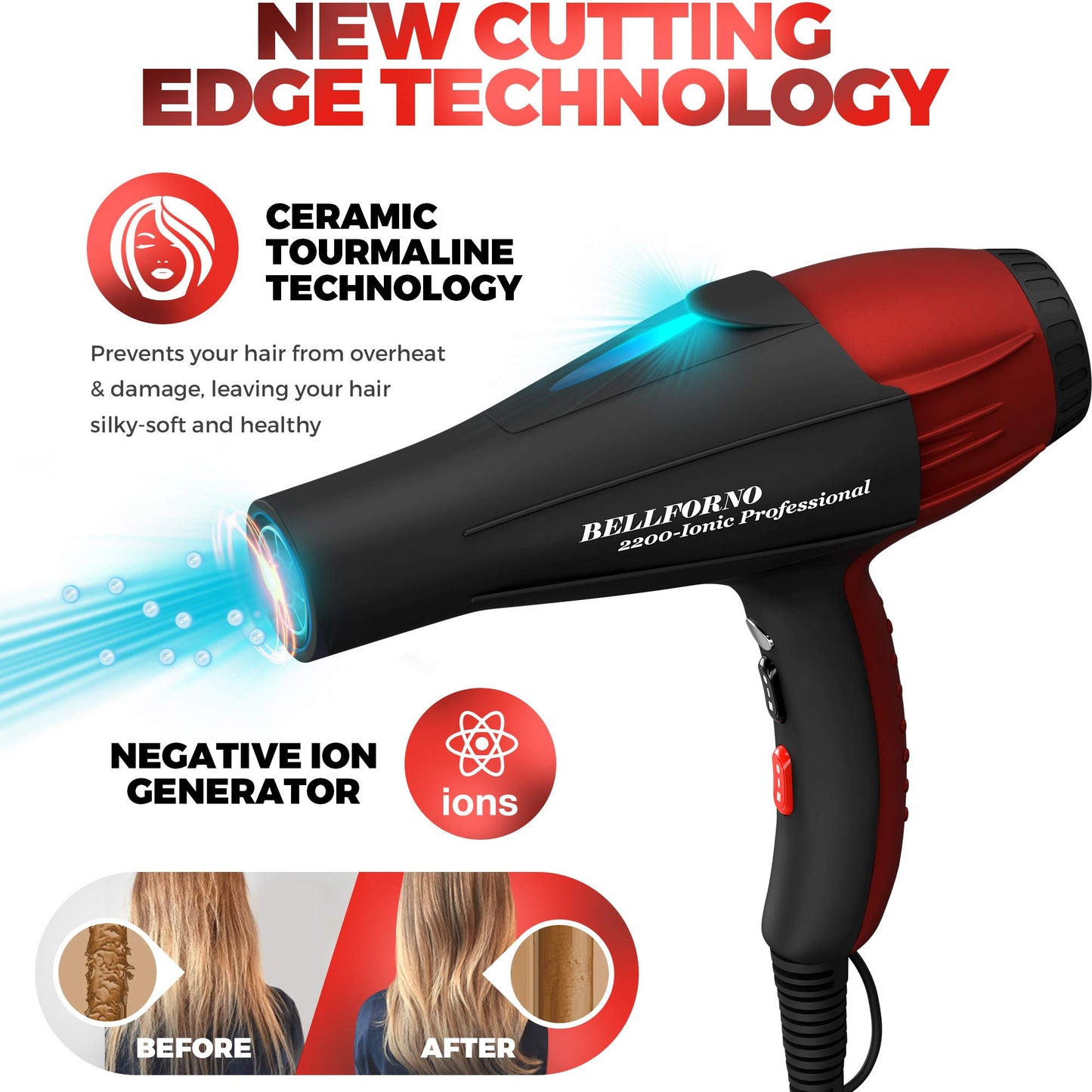 Professional Ionic Salon Hair Dryer, 2200 Watt Powerful AC Motor Ceramic Tourmaline Ion Blow Dryer, Quiet Hair Dryers with Diffuser & 2 Concentrator Nozzle Attachments Black/Red