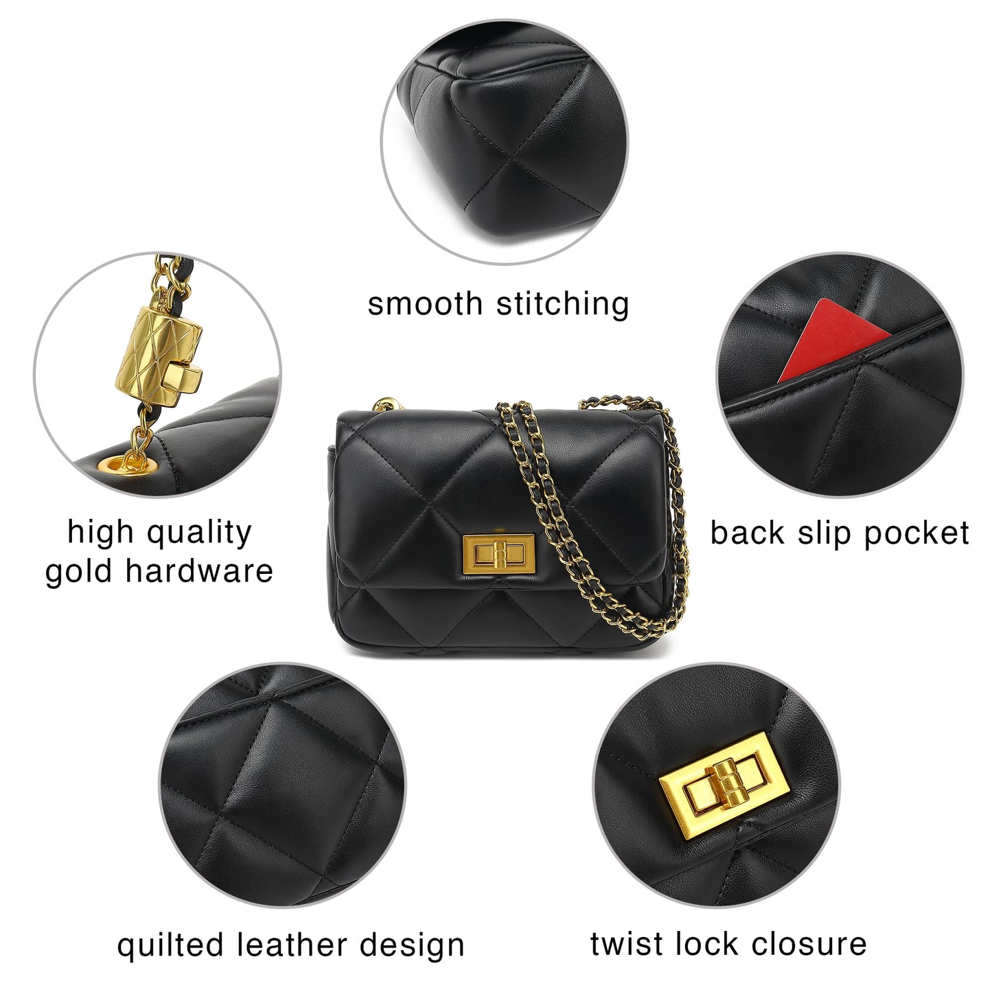 Scarleton Crossbody Bags for Women, Quilted Shoulder Bag Purse, Gold Chain Crossbody Bag Purses for Women, H211701 - Black