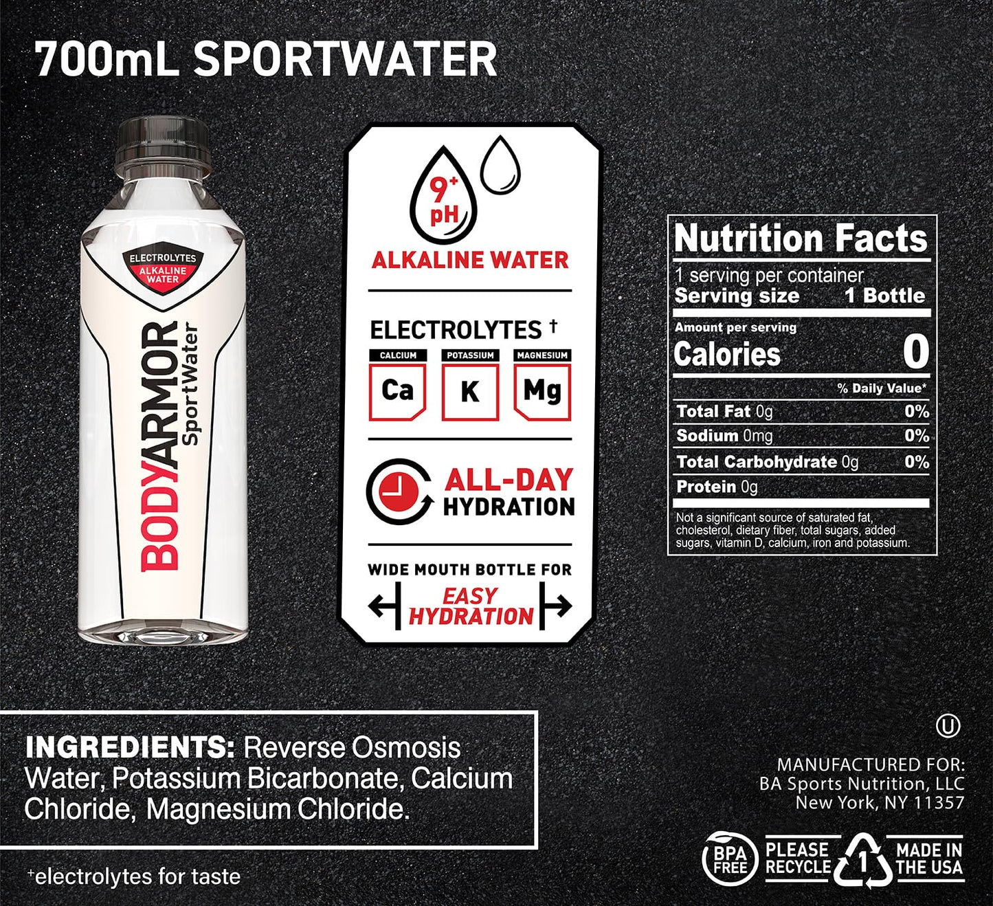 24 Bottles BODYARMOR Alkaline Water with Electrolytes, 700mL Pack