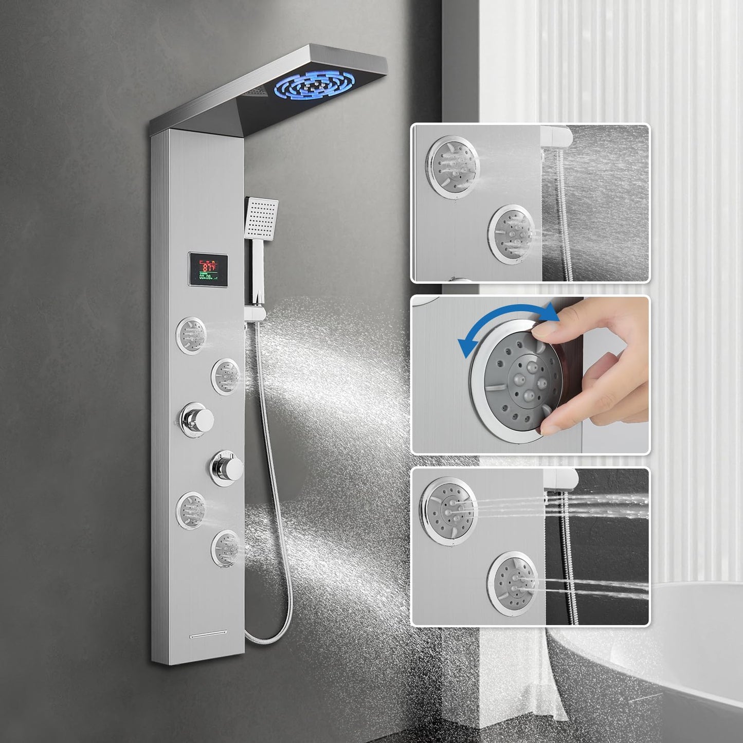 OUGOO Shower Panel System with LED Lights Rainfall Mist Shower, Body Jets, Handheld and Tub Spout, Shower Tower Column with Temp Display No Battery Needed, 304 Stainless Steel Brushed