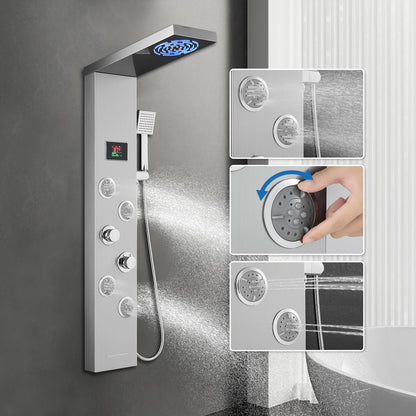 OUGOO Shower Panel System with LED Lights Rainfall Mist Shower, Body Jets, Handheld and Tub Spout, Shower Tower Column with Temp Display No Battery Needed, 304 Stainless Steel Brushed