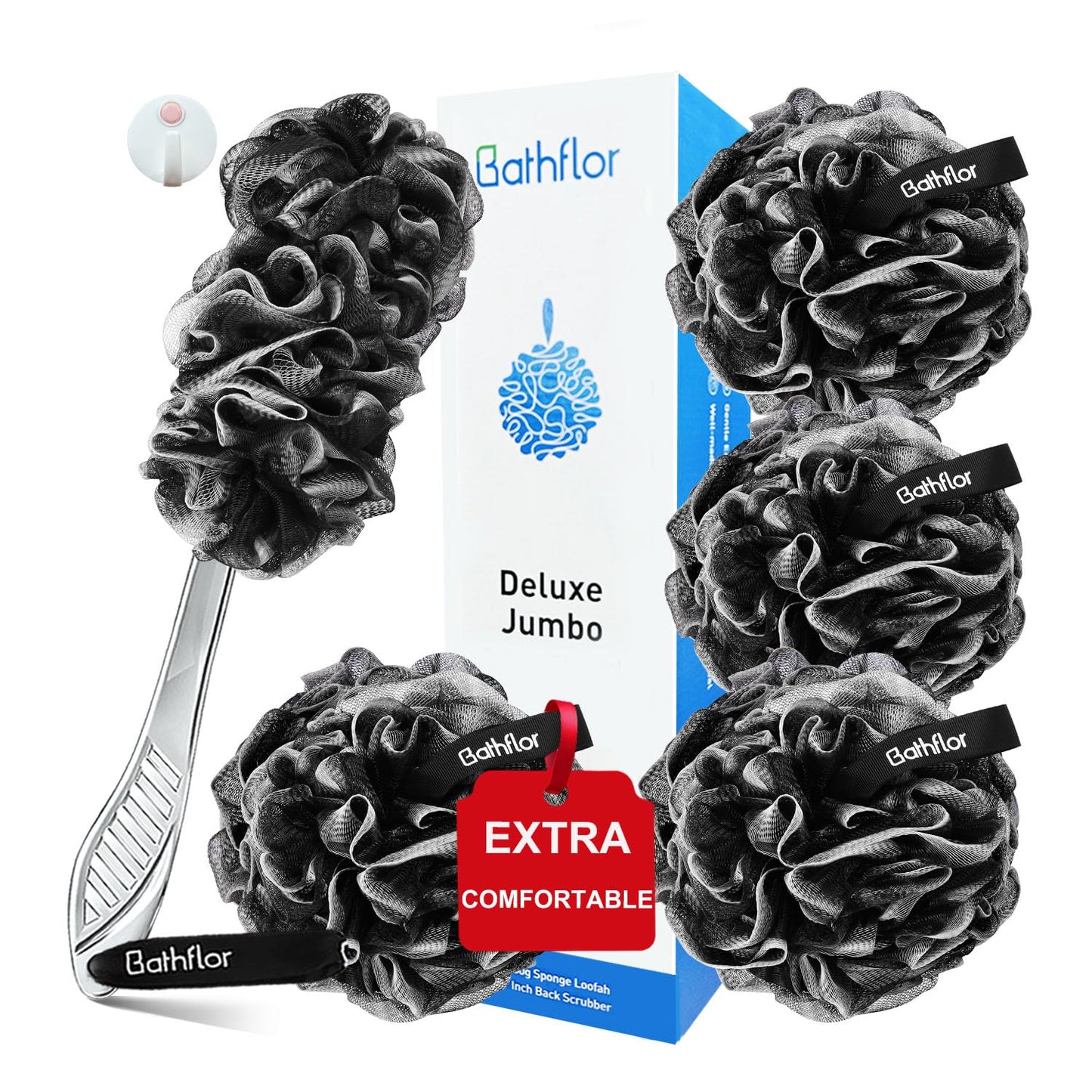 Bathflor Loofah Sponge, 6-in-1 Loofahs for Men Women, 80g Large Shower Loofah Exfoliating Body Scrubber, 4 Bath Sponge Loofa Packs, 1 Loofah with Handle Body Wash Back Scrubber, 1 Luffa Hook, Black