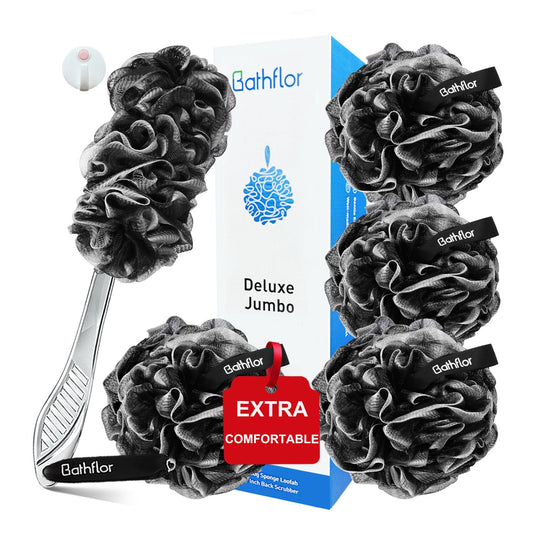 Bathflor Loofah Sponge, 6-in-1 Loofahs for Men Women, 80g Large Shower Loofah Exfoliating Body Scrubber, 4 Bath Sponge Loofa Packs, 1 Loofah with Handle Body Wash Back Scrubber, 1 Luffa Hook, Black