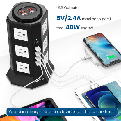 Surge Protector Power Strip Tower JACKYLED 12 AC Outlets 3000W 15A and 5 USB Slots 8A Desktop Smart Charging Station Multiple Protection with Heavy Duty 6.5ft 14 AWG Extension Cord for Home Black