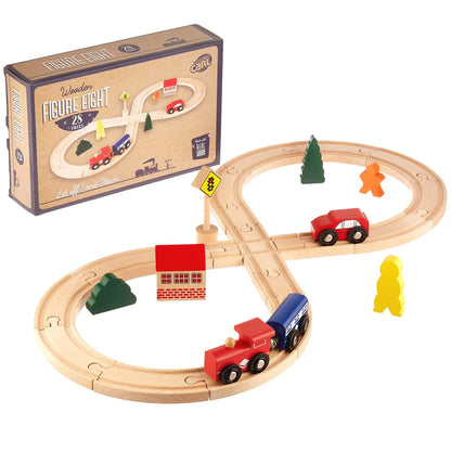 Figure 8 Railway Set, 28 Pieces - Wooden Train Track Set with Train Cars, Town Pieces, People and Tracks - Compatible with Major Wood Toy Trains - Games, Toys, Hobbies, and Activities for Family Fun