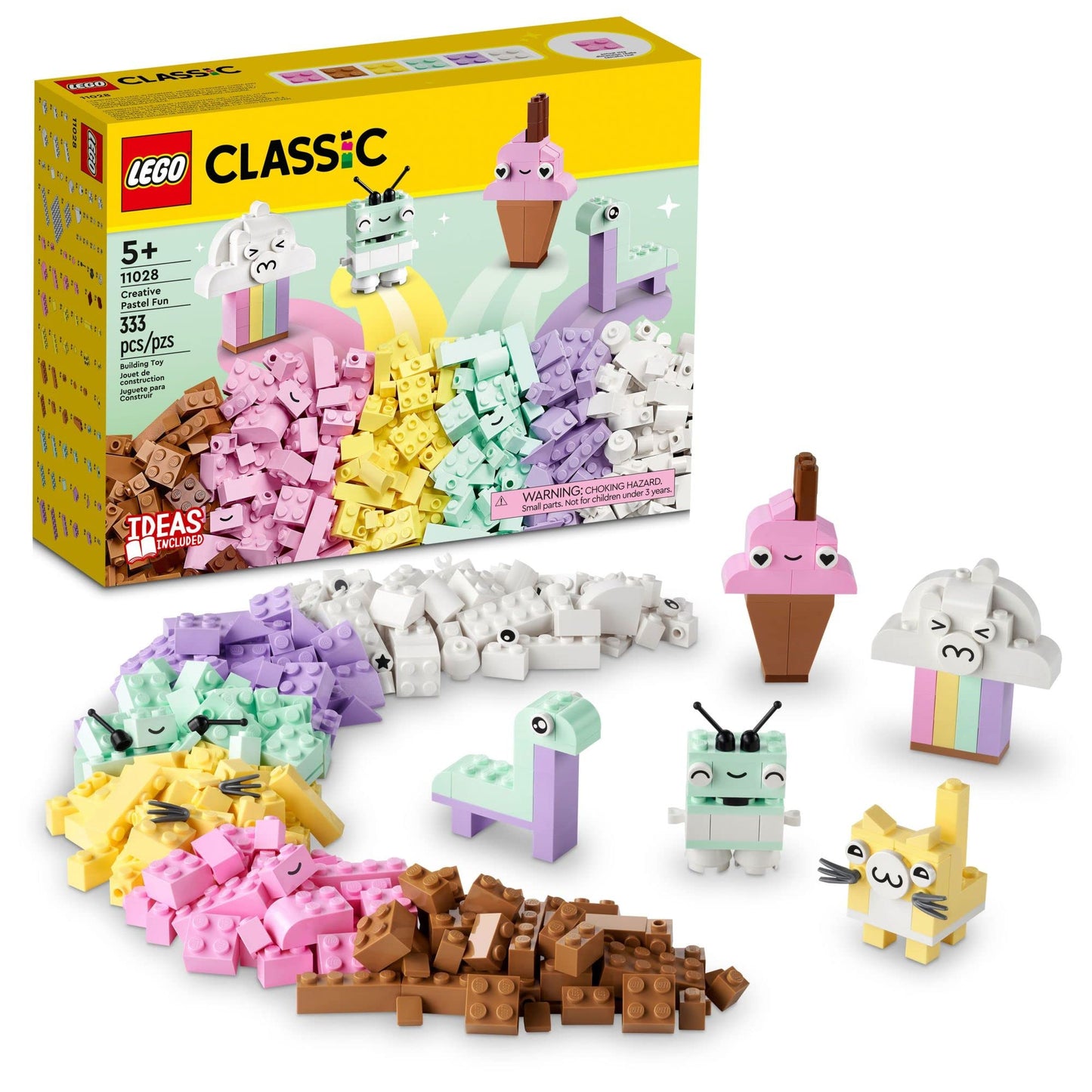 LEGO Classic Creative Pastel Fun Bricks Box 11028, Building Toys for Kids, Girls, Boys Ages 5 Plus with Models; Ice Cream, Dinosaur, Cat & More, Creative Learning Gift