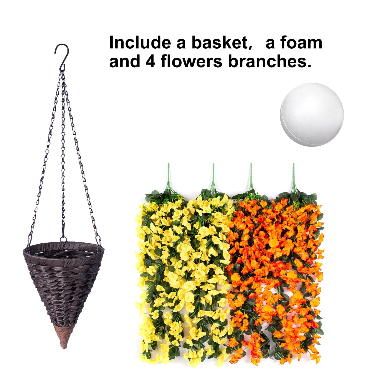 Artificial Faux Fall Autumn Hanging Flowers Plants Baskets for Outdoor Outside, Fake Orange Yellow Silk Orchid in Planter UV Resistant Realistic for Home Porch Patio Balcony Garden Yard