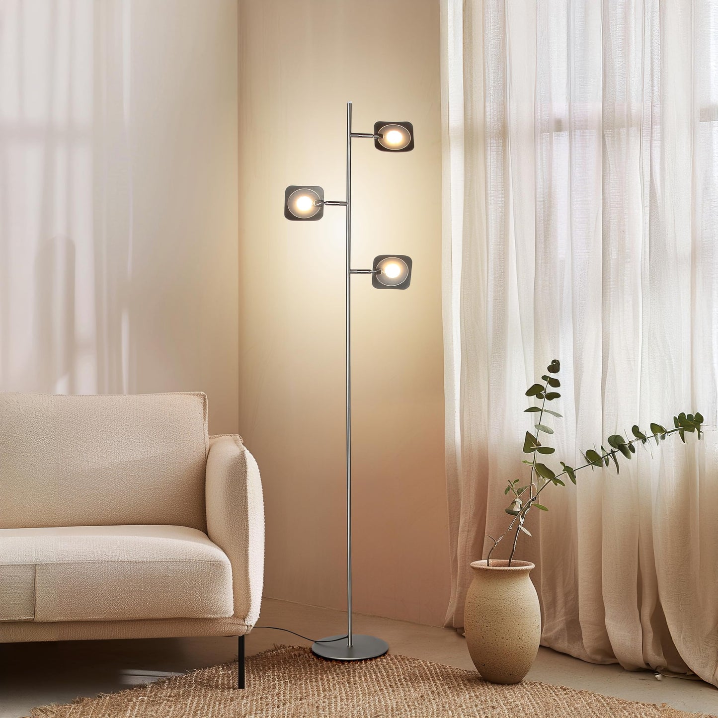 Brightech Tree Floor Lamp for Living Rooms & Offices, Dimmable Standing Lamp for Bedroom Reading, LED Spotlight Floor Lamp, Tall Lamp with Adjustable Panels for Minimal Space Use - Silver