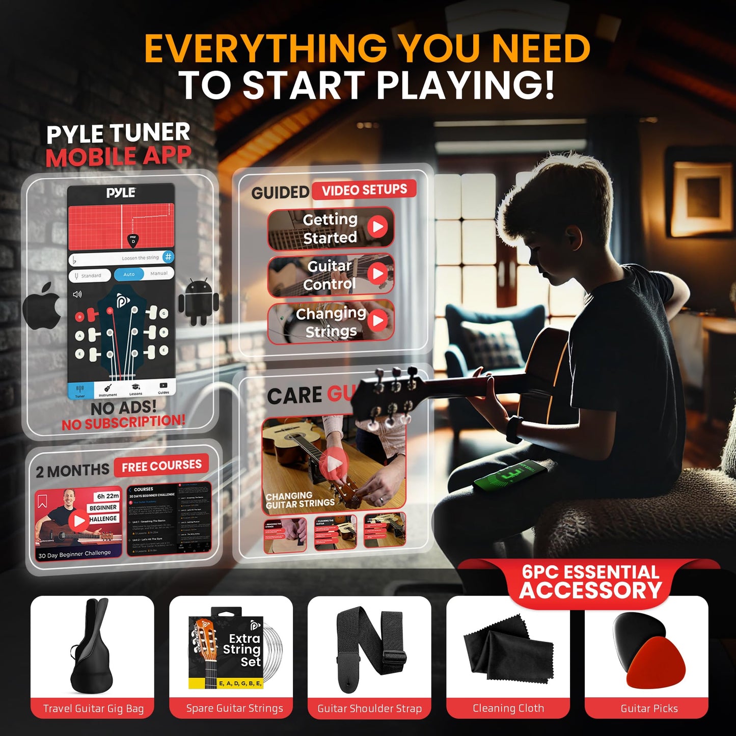 Pyle 3/4 Acoustic Guitar Kit for Kids & Adults