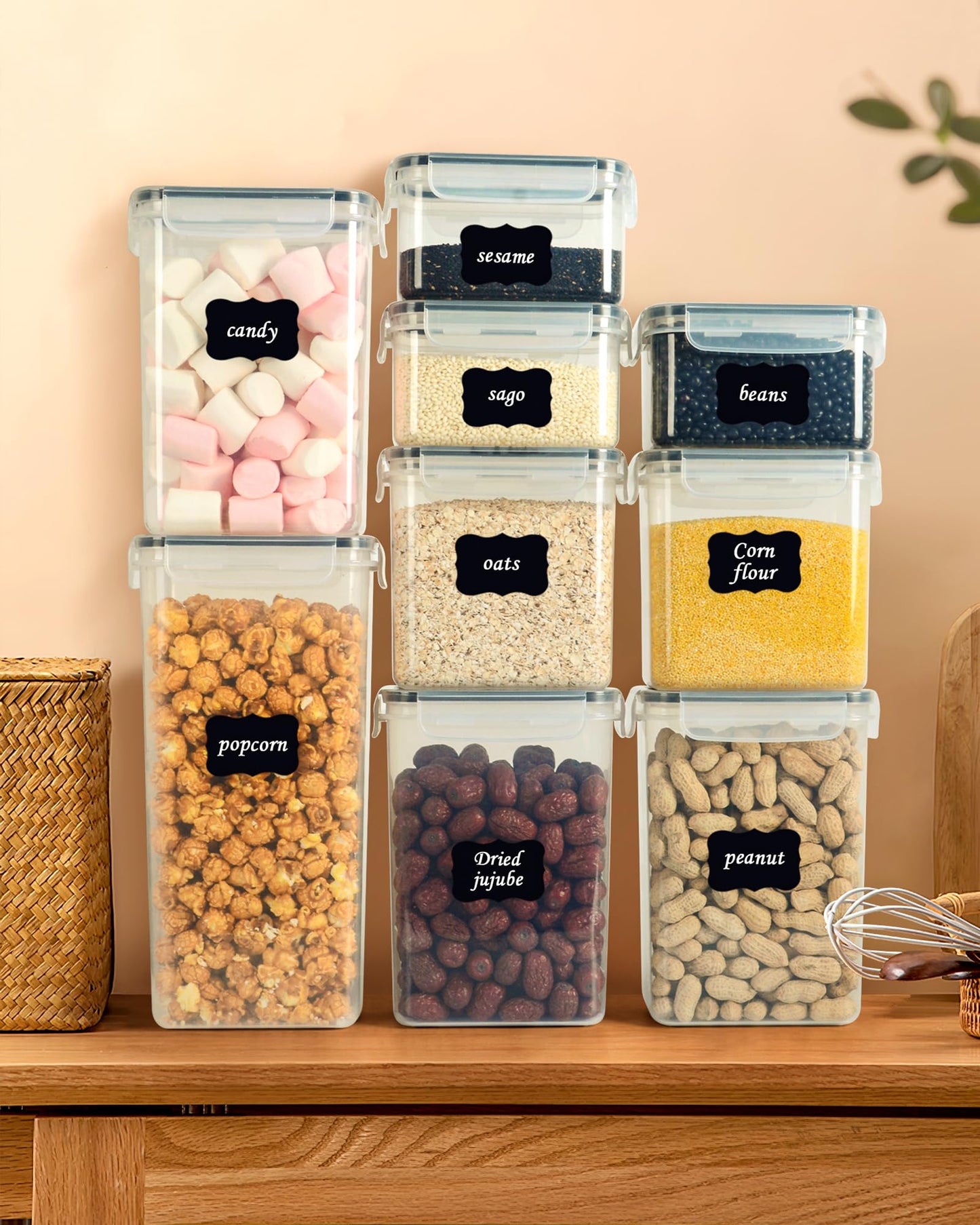 LUSCREAL Airtight Food Containers with Lids, 16 pcs Cereal Containers Storage Kitchen Storage, Plastic Kitchen Organizers and Storage for Dry Food, Flour and Sugar,Include 20 Labels and 5 Spoons