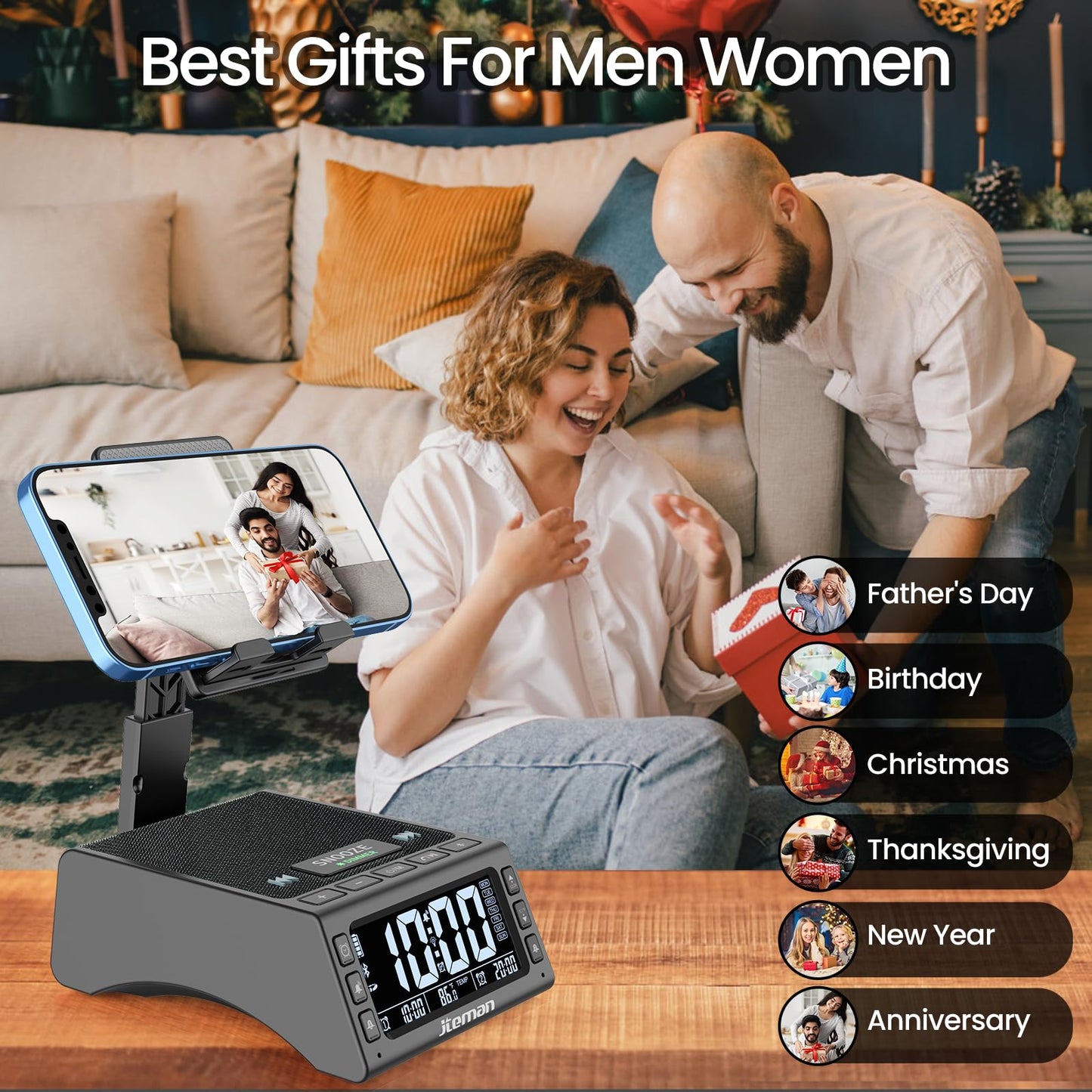 JTEMAN Gifts for Men Women,Cell Phone Stand with Wireless Bluetooth Speaker,Adjustable Cool Tech Kitchen Gadgets,Unique Birthday Gift Idea for Him, Husband, Boyfriend