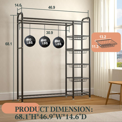 Portable Clothing Rack with Baskets and Shelves