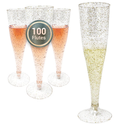 Reli. (100 Bulk Pack Gold Glitter Plastic Champagne Flutes 4.5 Oz | Clear Plastic Champagne Glasses/Flutes | Disposable, BPA-Free, Shatterproof | Perfect for Mimosa, Cocktail, Wedding, Party Toasting
