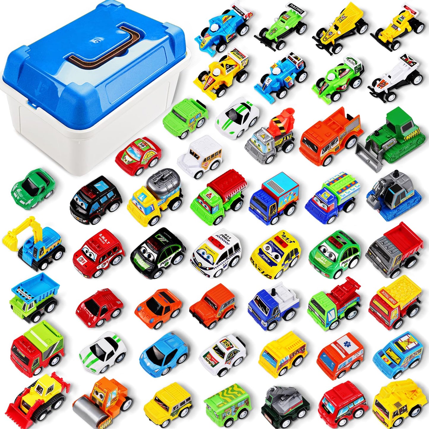 MindPal 50 Pcs Toy Cars with Large Plastic Organizer, Pull Back Cars for Kids, Cars for Kids Ages 3-5, Birthday and Party Decorations, Birthday Presents for 3 + Year Old Girls and Boys