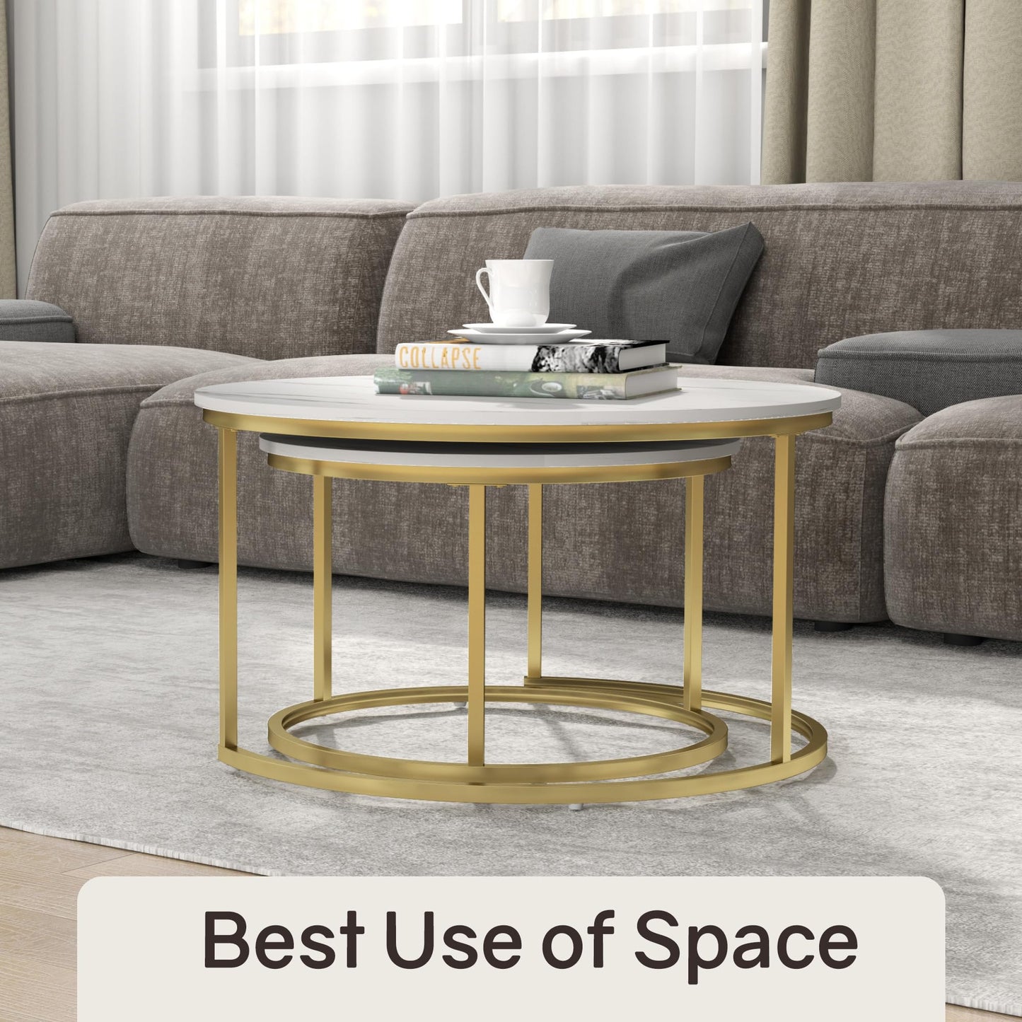 Otterease Nesting Tables Set of 2, 31.5" Round Coffee Table, Small Nesting Coffee Table with Adjustable Non-Slip Fee, White Marble Top Stack Nesting Tables Set of 2 for Living Room, Bedroom (White)
