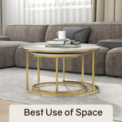Otterease Nesting Tables Set of 2, 31.5" Round Coffee Table, Small Nesting Coffee Table with Adjustable Non-Slip Fee, White Marble Top Stack Nesting Tables Set of 2 for Living Room, Bedroom (White)