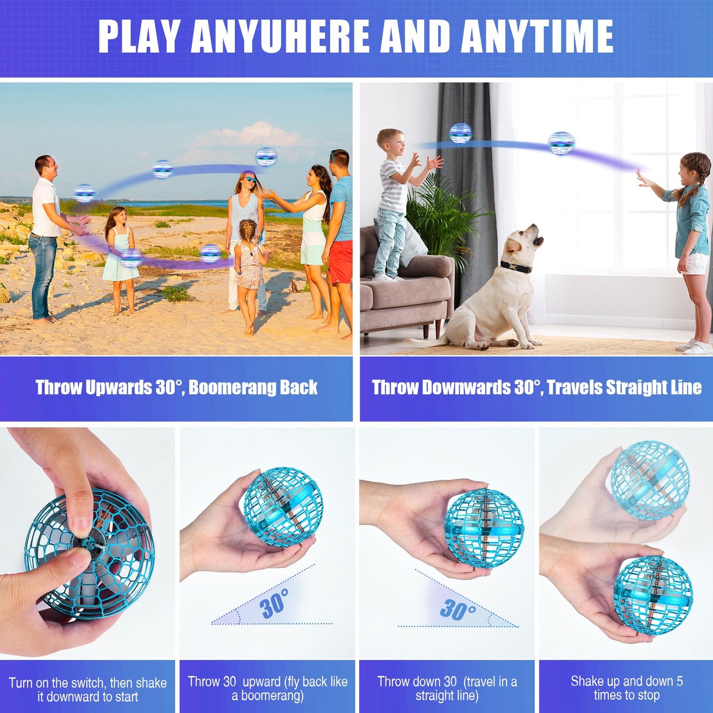 Unyfu Flying Orb Ball Toy, Galaxy Boomerang Hover Ball Led Lights Mini Drone Globe Hand Controlled Flying Ball Toys Cool Toys Gift for 6 7 8 9 10+ YearOld Boys Girls Teens Outdoor Toys(Blue)