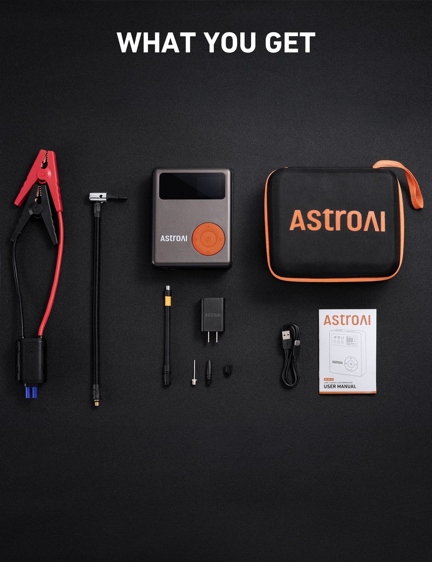AstroAI Jump Starter with Air Compressor,1750A 12V Battery Jump Starter with 150PSI Digital Tire Inflator, Up to 7.5L Gas & 5.0L Diesel Engines, Visible LCD Screen with Jumper Cable, AC Charger