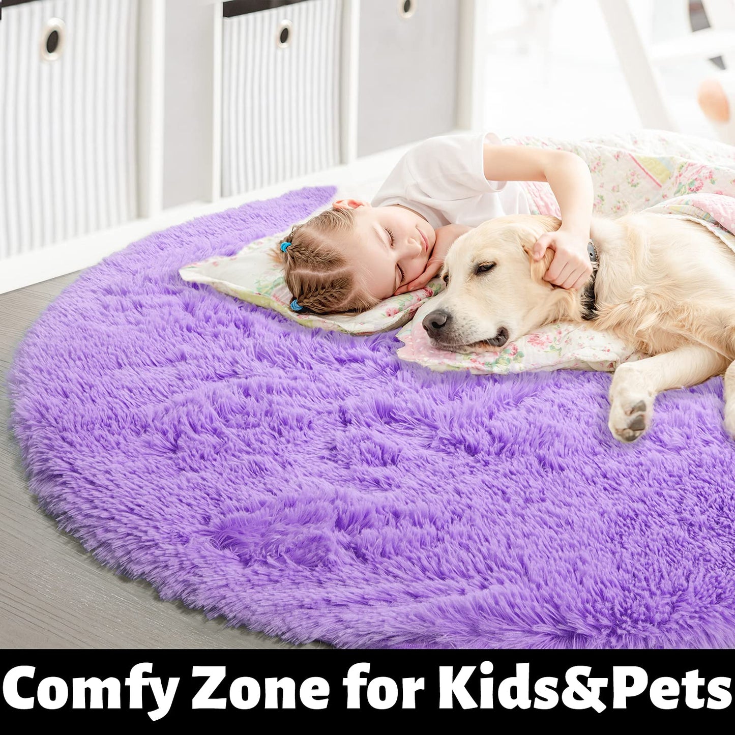 Purple Round Rug for Girls Bedroom,Fluffy Circle Rug 5'X5' for Kids Room,Furry Carpet for Teen's Room,Shaggy Circular Rug for Nursery,Fuzzy Plush Rug for Dorm,Purple Carpet,Cute Room Decor for Baby