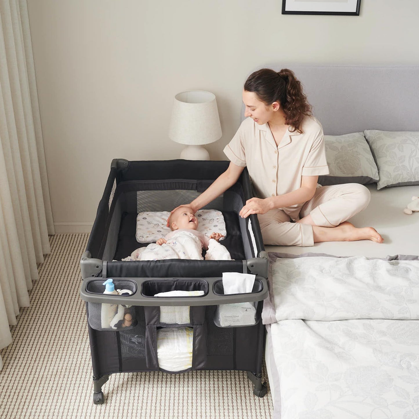 Pamo Babe Magic Fold Baby Playard with Removable Bassinet, 1 Step to Set Portable Crib with Changing Table and Zipper Gate, Easy to Carry