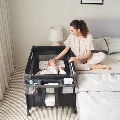Pamo Babe Magic Fold Baby Playard with Removable Bassinet, 1 Step to Set Portable Crib with Changing Table and Zipper Gate, Easy to Carry