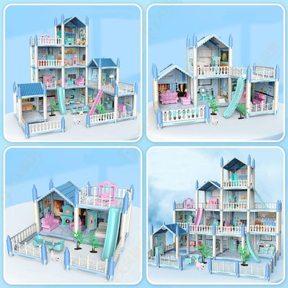 Doll House, Dream Doll House Girls Toys, 4 Story 14 Rooms Dollhouse with 4 Dolls, Dollhouse Furniture Accessories with Light, Toddler Playhouse Gift for 3 4 5 6 7 8 9 10 Year Old Girls Toys (blue04)