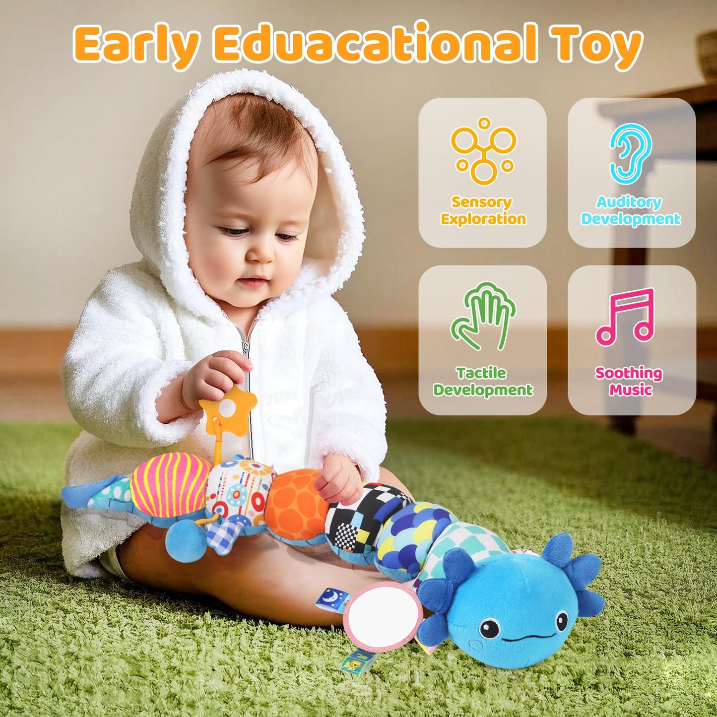 Baby Toys for 0-6 6-12 Months, Plush Axolotl Toy with Crinkle and Rattles for Infant Newborn, Sensory Music Animal Stuffed Toy for 0 1 2 3 4 5 6+ Month, Tummy Time Toys Gifts for 0-3-6-12 Months,Blue