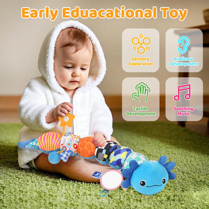 Baby Toys for 0-6 6-12 Months, Plush Axolotl Toy with Crinkle and Rattles for Infant Newborn, Sensory Music Animal Stuffed Toy for 0 1 2 3 4 5 6+ Month, Tummy Time Toys Gifts for 0-3-6-12 Months,Blue