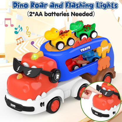 FunMission 5-in-1 Dinosaur Toys for Kids 3-5, Dinosaur Truck with 4 Pack Small Pull Back Dino Car, Dinosaur Cars Set, Birthday, Big Trucks Toys for 3 + Year Old Boy and Girl -Red