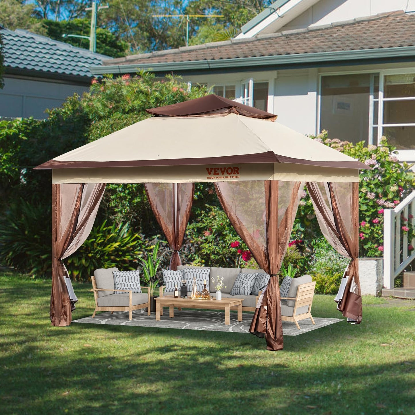 VEVOR Pop up Gazebo for 8-10 Person, with Mosquito Netting, Metal Frame, and PU Coated 250D Oxford Cloth, Outdoor Canopy Shelter for Patio, Backyard, Lawn, Garden, Deck, 11 x 11 FT