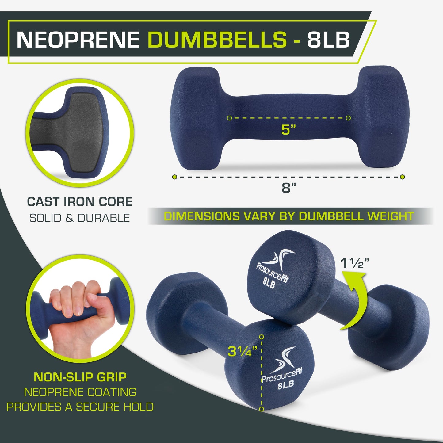 2 ProsourceFit 8 lb Neoprene Dumbbells with Grip