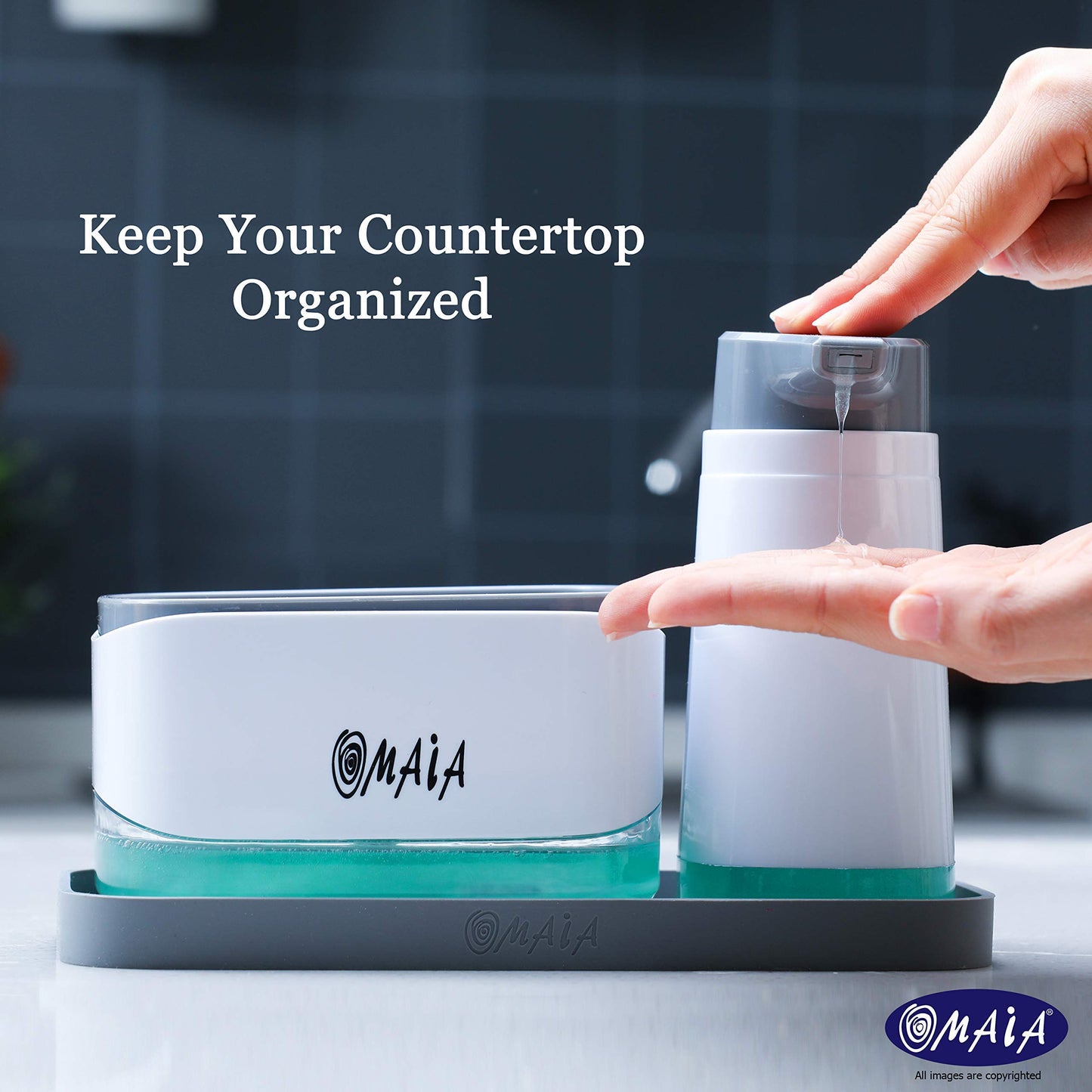 OMAIA 4-in-1 Dish Soap Dispenser Set with Sponge Holder and Liquid Hand Soap Dispenser and Silicone Tray - Countertop Organizer - Useful Kitchen Gadgets