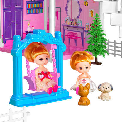 TEMI 10-Room Dollhouse Playset with Dolls and Furniture