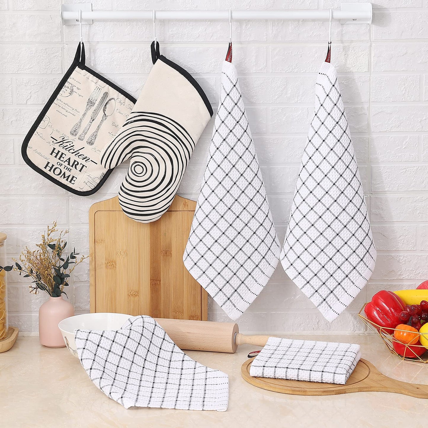 Fintale 100% Cotton Dish Cloths - Soft, Super Absorbent and No Lint Dish Towels for Kitchen - Good for Drying and Washing Dishes - 6 Pack (Lattice Designed, Black) - 12 x 12 Inches