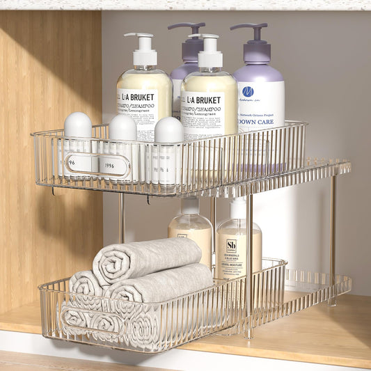 Fowooyeen Bathroom Cabinet Organizer, 2 Tier Pull Out Clear Under Sink Organizers and Storage, Multi-Purpose Kitchen Pantry Medicine Organization and Storage Shelves Bins with Movable Dividers