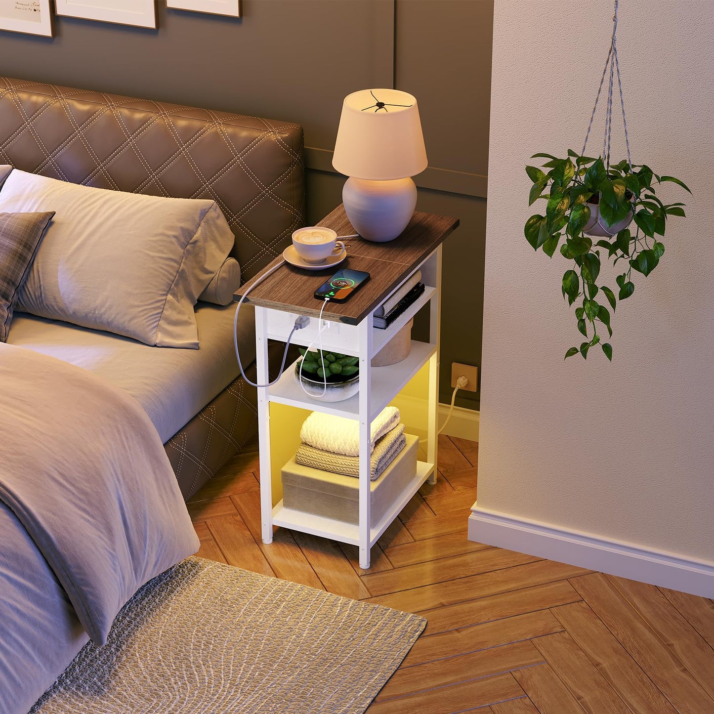 HOOBRO Slim Nightstand with Charging Station and LED