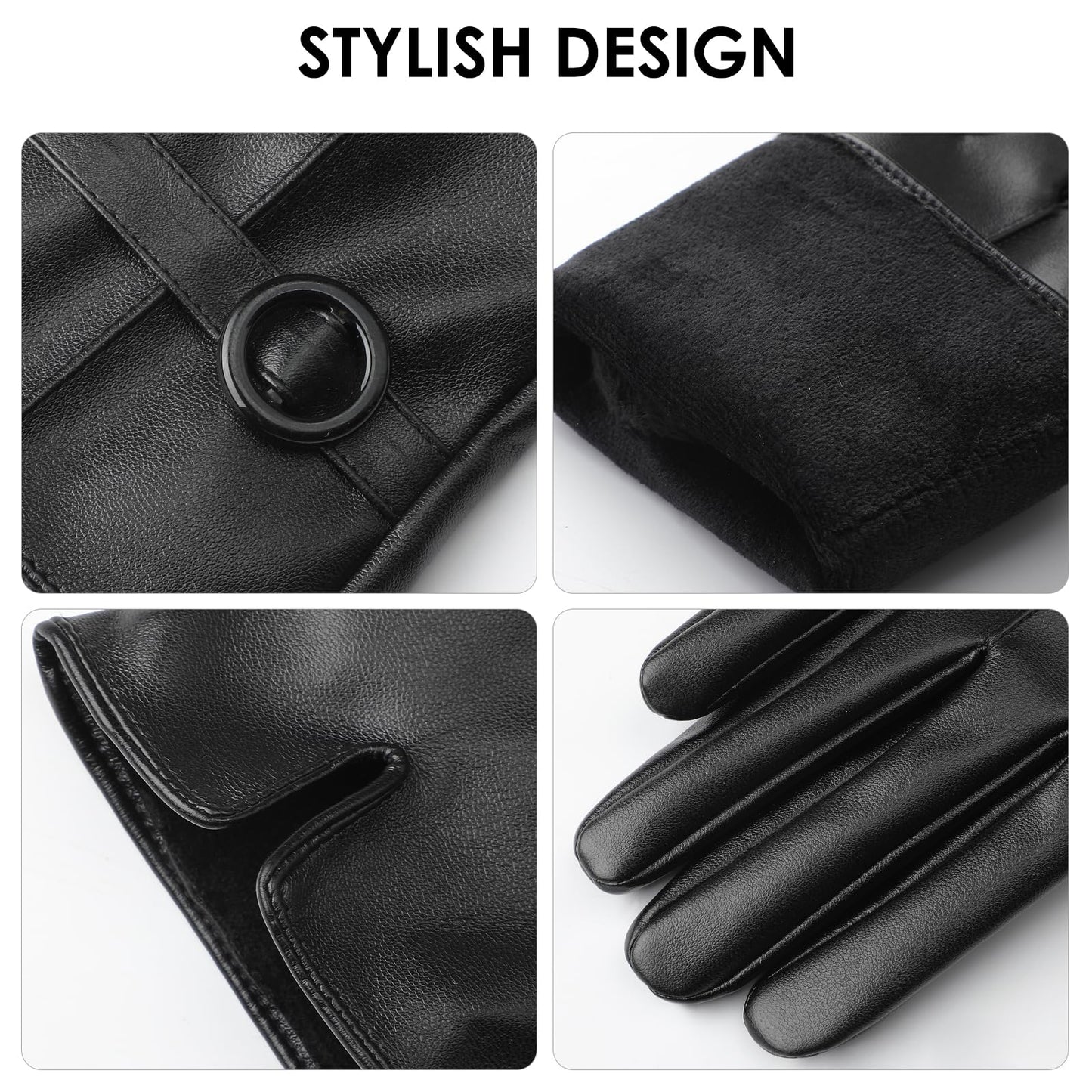 Womens Black Leather Touchscreen Winter Gloves